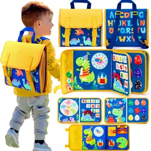 Detailed view of Montessori felt busy board backpack showing alphabet, numbers and clock.