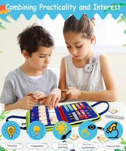 Two kids interacting with Montessori felt busy board showing numbers and colors.