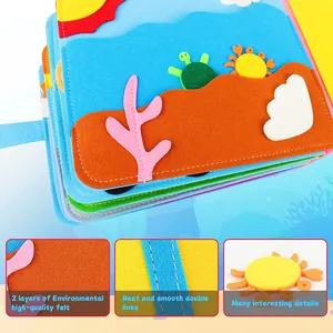 Gros plan détaillé des couches de feutre et des coutures d'un livre d'activités enfant