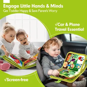 Toddler playing with felt busy board during car travel for educational development