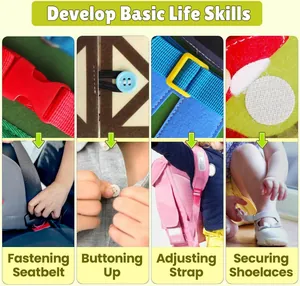 Detail showing kids learning life skills like buttoning and buckling on a busy board