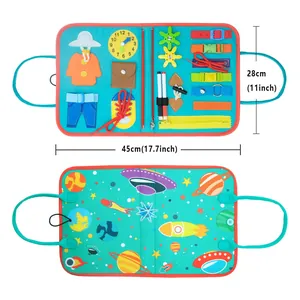 Felt busy board for toddlers showing 28cm x 45cm dimensions and sensory activities.