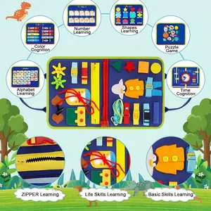 Montessori felt busy board for toddlers with learning activities like zipper and shapes