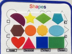 Gros plan de formes en feutre colorées sur une planche d'apprentissage Montessori