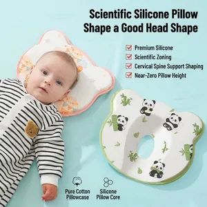 Almohada Moldeadora de Silicona para Recién Nacido Anti-Cabeza Plana Almohada de Posicionamiento Con Funda de Algodón Estampado Panda Conejo para 0-6 Meses