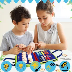 Children playing with a portable felt Montessori busy board toy for early education skills