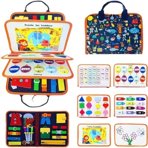 Educational Montessori felt busy board for toddlers with alphabet, numbers and shapes