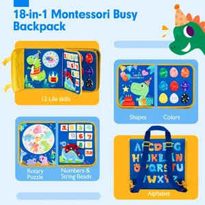 Close-up of learning panels including color matching shapes and alphabet on a felt bag