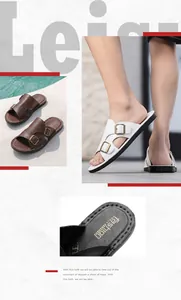 Detail of men's leather slippers featuring metal buckles and textured non-slip sole.
