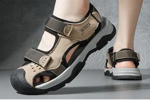 Detail view of men's genuine leather outdoor sandals with a protective closed-toe design.