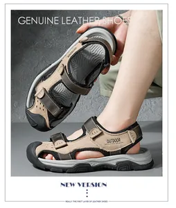 Close-up of men's genuine leather outdoor sandals with anti-slip closed toe design