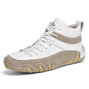 Premium heren high-top witte en bruine gestikte vrijetijdsschoenen met rubberen zool