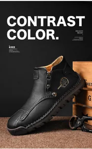 Detalle de cerca de la costura a mano en las botas Martin de cuero negro para hombre