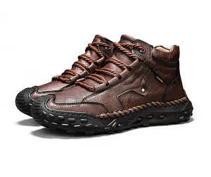 Detailed view of brown leather men's high-top Martin boots with handmade stitching