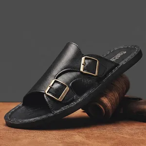 Mules classiques en cuir véritable noir pour hommes avec un design élégant à double boucle