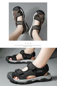 Detailed side view of black outdoor men's sandals with non-slip sole and velcro straps