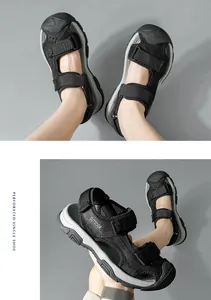 Macro view of black men's outdoor closed-toe sandals with non-slip rubber sole