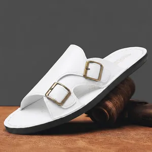 Sandales en cuir blanc pour hommes avec double boucle et semelle antidérapante