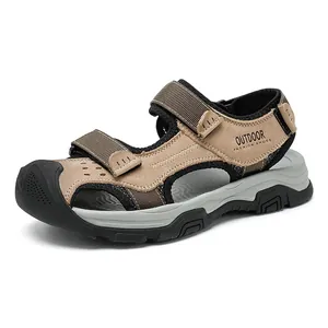 Men Genuine Cow Leather Outdoor Sandals Closed Toe Anti-Slip Beach Sport Shoes Hook Loop Breathable Casual Walking Footwear