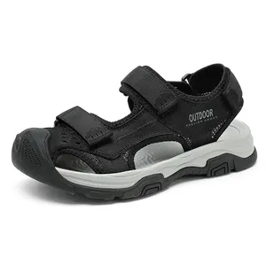 Black men's outdoor closed-toe leather sandals with non-slip sole and adjustable straps