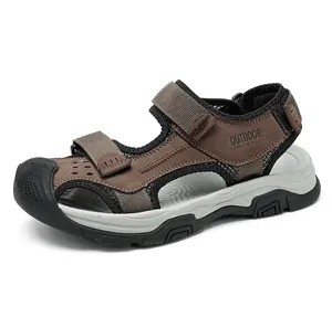 Men's outdoor brown leather closed-toe sandals with velcro straps and non-slip rubber sole