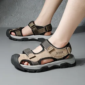 Men's outdoor genuine leather sandals with non-slip closed-toe for summer hiking
