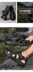Detailed view of men's black outdoor sandals with knob closure system in outdoor settings