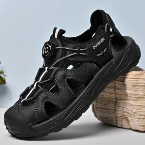 Durable men's black outdoor hiking sandals with quick-lace dial and thick sole.