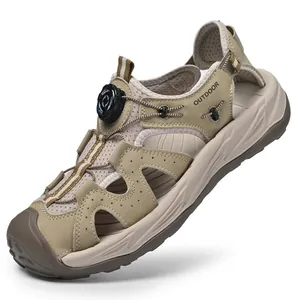 Men's khaki outdoor hiking sandals with quick dial lacing system and breathable mesh