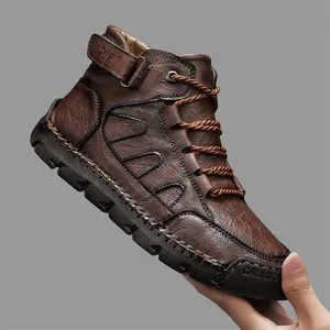 Heren High Top Microvezel Leer Laarzen Outdoor Casual Retro Handgestikt Werkschoenen Antislip Winterschoenen Voor Heren