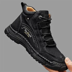 Stivali alti da uomo in pelle nera con design casual outdoor e stampa fashion