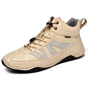 Bottines hautes pour hommes en cuir beige avec semelle en caoutchouc et doublure chaude