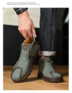Primer plano de botas de cuero para hombre con costuras hechas a mano