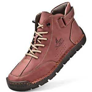 Men's hand-stitched high-top leather Martin boots in burgundy color with rubber sole