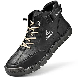 Men's black leather Martin boots with hand-stitched details and high-top design