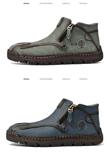 Detalles de botas Martin de cuero cosidas a mano en color gris y azul marino oscuro