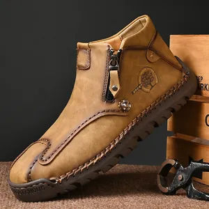 Botas Martin Vintage para Hombre High Top Cremallera Lateral Botas de Trabajo Cosidas a Mano Antideslizante Cálido Cuero de Microfibra