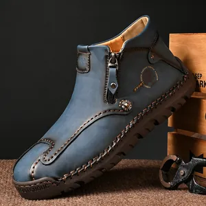 Botines Martin para hombre en cuero azul con detalles cosidos a mano y cremallera lateral