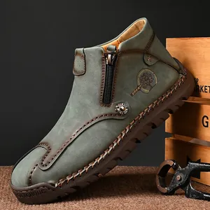 Botas altas de cuero verde vintage para hombre con costuras a mano y cremallera lateral