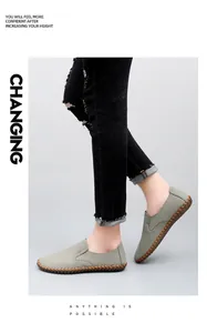Men's handmade stitched casual leather shoes soft sole slip-on loafers in grey green color.