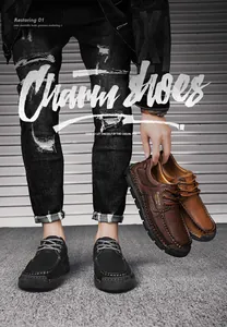 Detailed view of handmade stitched men's casual leather shoes in black and brown.