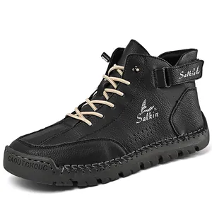 Detailed side view of a black leather outdoor high-top Martin boot with beige laces.