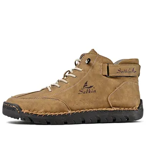 Men's high-top outdoor casual leather boots with hand-stitched detailing and black rubber sole.
