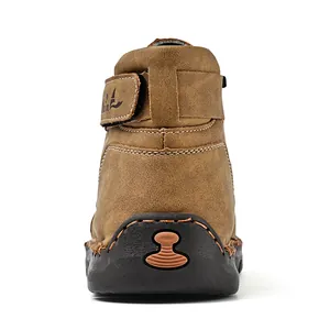 Rear close-up of brown high-top leather Martin boot showing heel detail and stitching