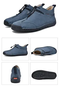 Close-up detail of hand-stitched blue leather casual boots shown from multiple perspectives