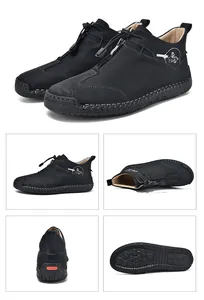 Detailed views of black hand-stitched outdoor casual leather boots with zipper closure