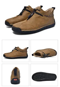 Multi-angle views of brown hand-stitched outdoor leather boots with zipper closure
