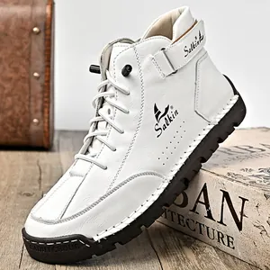 White leather Martin boots for men, high-top outdoor casual boots with manual stitching
