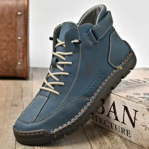 Hand-stitched blue high-top men's leather Martin boots for outdoor casual style
