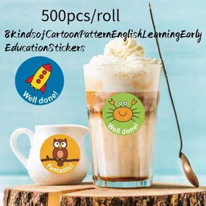 Detailed view of colorful cartoon animal reward stickers applied to a glass and cup.